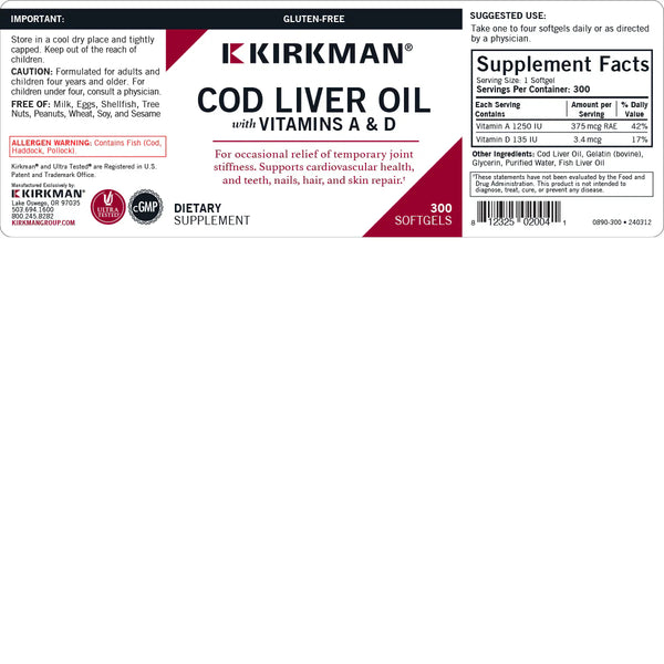 Cod Liver Oil with Vitamins A & D 300 Capsules  by Kirkman